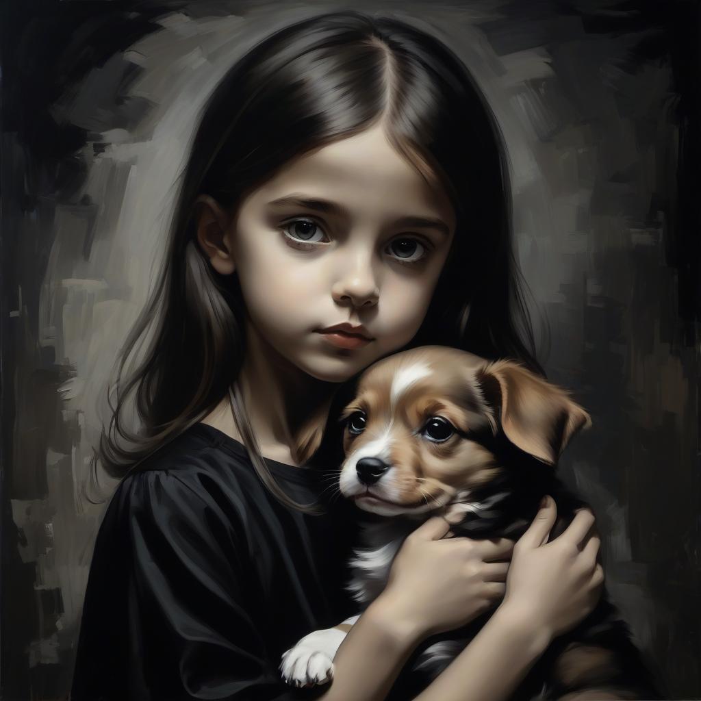  masterpiece. a girl on a black background. a girl with a puppy. graphic painting.