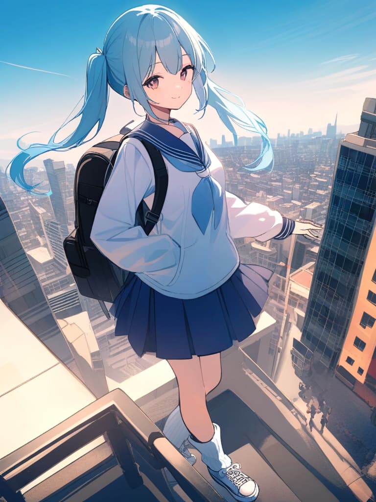   s, uniforms, sailor uniforms, mini s, light blue hair twin tails, cute smiles, backpacks, ultra long loose socks, bottom sneakers, city landscape,