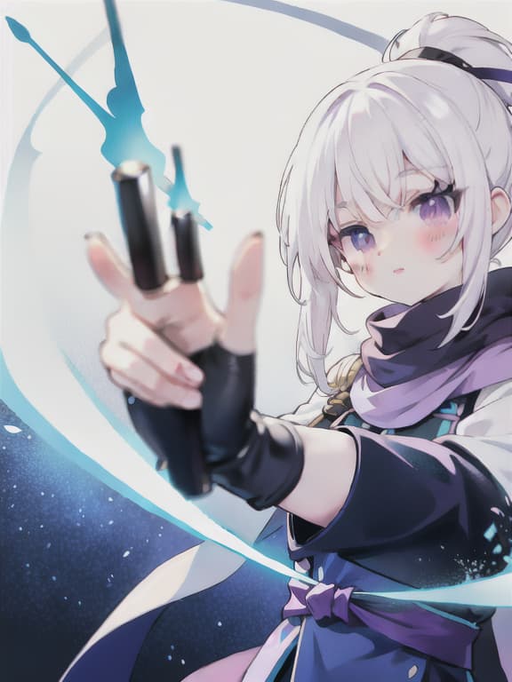  upper body, white hair, ponytail, purple eyes, (ninja), short sword, medium breats ,scarf, wallpaper, magic circle background, light particles, blue fire