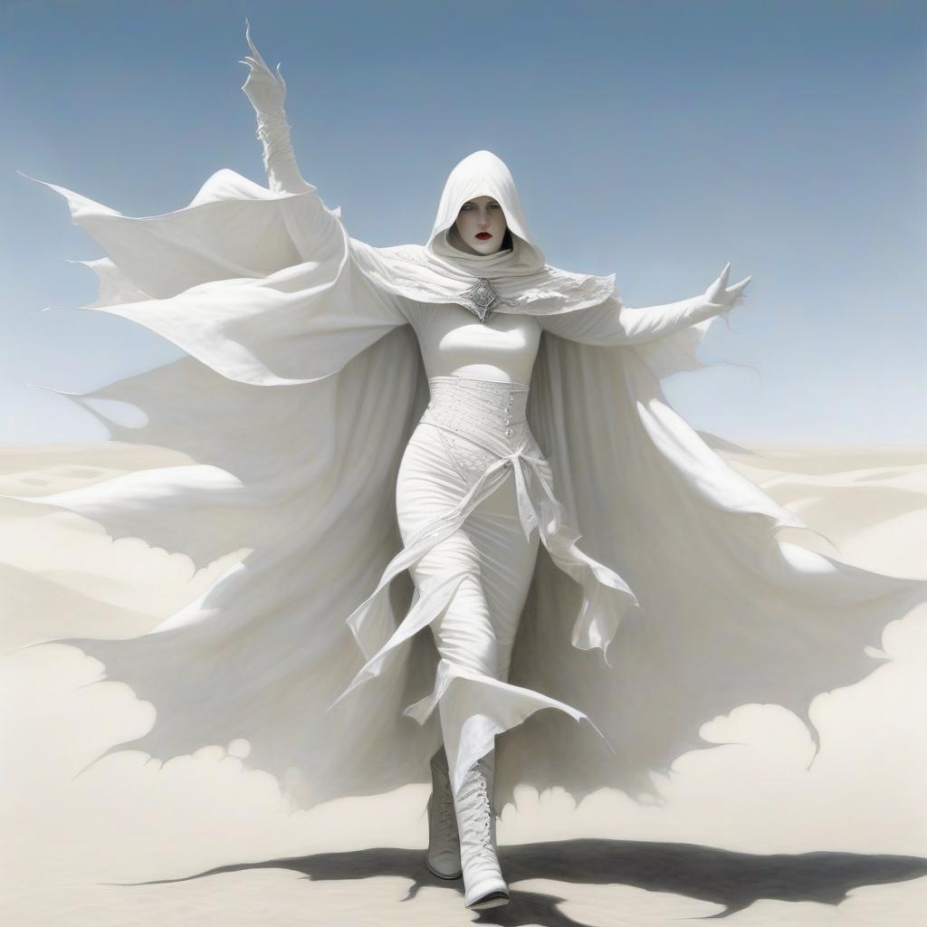  macabre style fantasy is a very thin girl with a white handkerchief on her mouth and nose, in a white, leaky white openwork cloak with round holes, in white gloves of the right shape. large silver buckles on the belts. some belts on the belt. with five fingers on each hand. wide white ribbons below. a pointed hood. laced shoes. . dark, gothic, grim, haunting, highly detailed