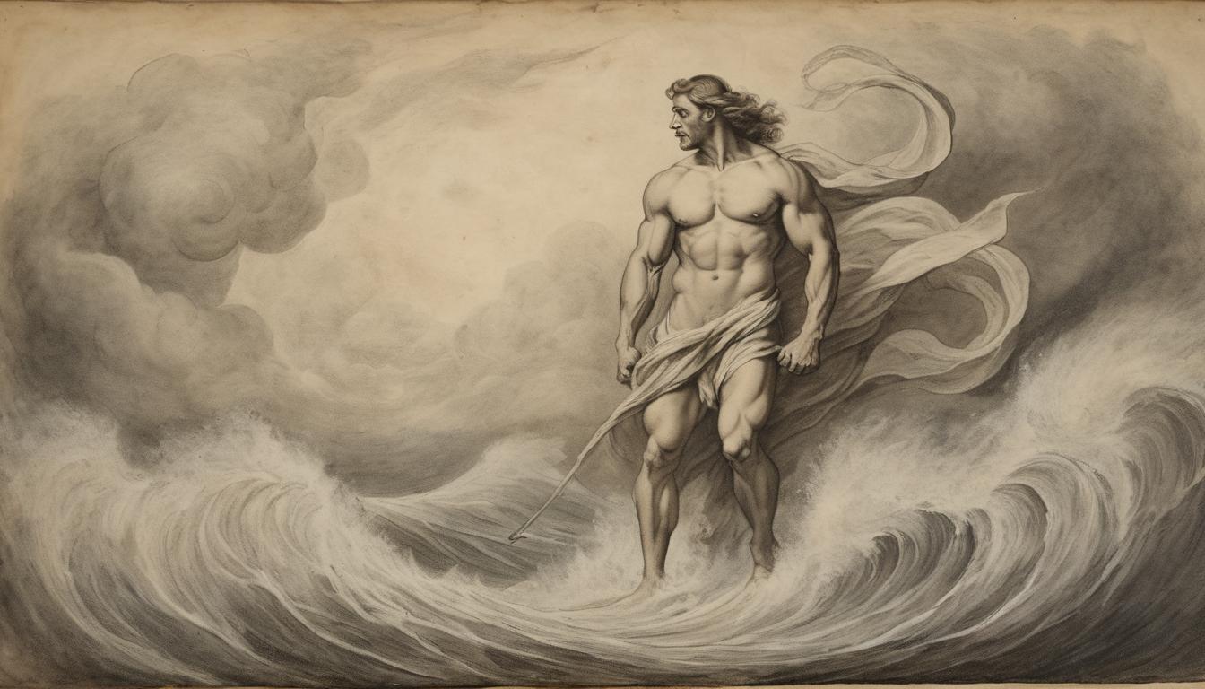  on parchment, surrealism++, a muscular figure standing amid a tempest, unyielding stance, defying the elements, strengthened, determined(mysterious, provocative, symbolic)++