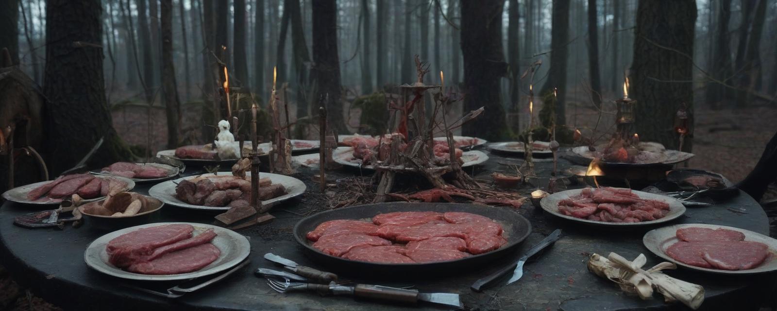  macabre style a feast of prisoners in the forest near the house of the huntsman, the huntsman himself and other people who are not prisoners is not in the picture. on the table should be meat, there may be cutlets, tartar, and in the center of the table should be baked organs such as the heart and stomach. . dark, gothic, grim, haunting, highly detailed