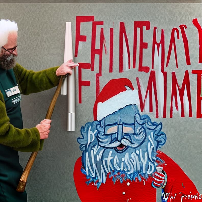  a man with a white beard mid to late 40s wearing a full santa suit painting the words on a long wall with a paint roller and an extension pole that says merry christmas friends and family welcome.