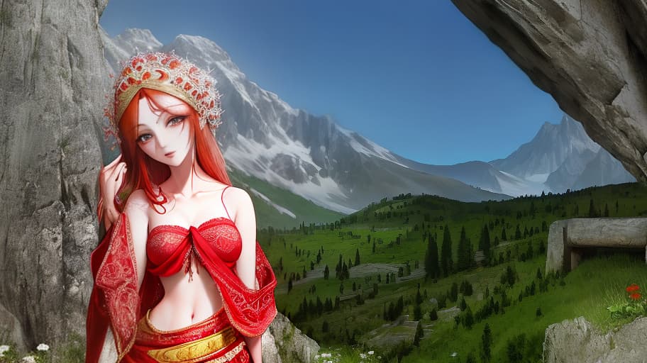  A slender red haired girl with an anthropomorphic almost cat like face and human features, wearing a red turban with a sash and red shawl slipping off her shoulders, looks at the camera with a dreamy gaze against a backdrop of alpine scenery and flower meadows. Clothing in the style of ancient Mesopotamia., ultra realistic, concept art, intricate details, highly detailed, photorealistic, octane render, 8k, unreal engine, sharp focus, volumetric lighting unreal engine. art by artgerm and alphonse mucha hyperrealistic, full body, detailed clothing, highly detailed, cinematic lighting, stunningly beautiful, intricate, sharp focus, f/1. 8, 85mm, (centered image composition), (professionally color graded), ((bright soft diffused light)), volumetric fog, trending on instagram, trending on tumblr, HDR 4K, 8K