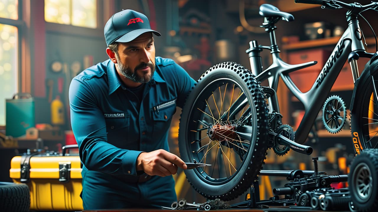  a detailed bicycle workshop scene showing a technician inspecting a bike, tools scattered around, a stand holding the bike, close ups of gears, tires, and a shiny toolbox, all under bright, natural lighting. hyperrealistic, full body, detailed clothing, highly detailed, cinematic lighting, stunningly beautiful, intricate, sharp focus, f/1. 8, 85mm, (centered image composition), (professionally color graded), ((bright soft diffused light)), volumetric fog, trending on instagram, trending on tumblr, HDR 4K, 8K