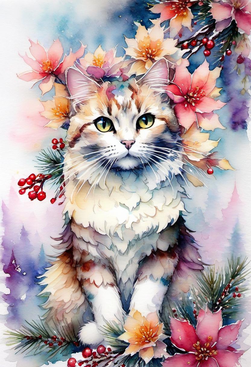  fairy tale christmas trees with cones, a cat in a kimono, (double exposure: 1.4). (soft textured paper). alcohol ink of (bright) flowers. the incompleteness effect. tenderness of watercolors, winter, delicate colors. thin white lines. emotion. light relief pattern. in harrison fisher's manner. . magical, fantastical, enchanting, storybook style, highly detailed