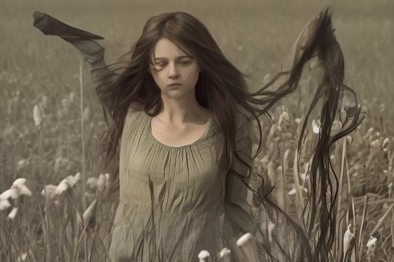  the girl in the field, her long hair fluttering in the wind, her arms spread out to the sides, the weather is sunny