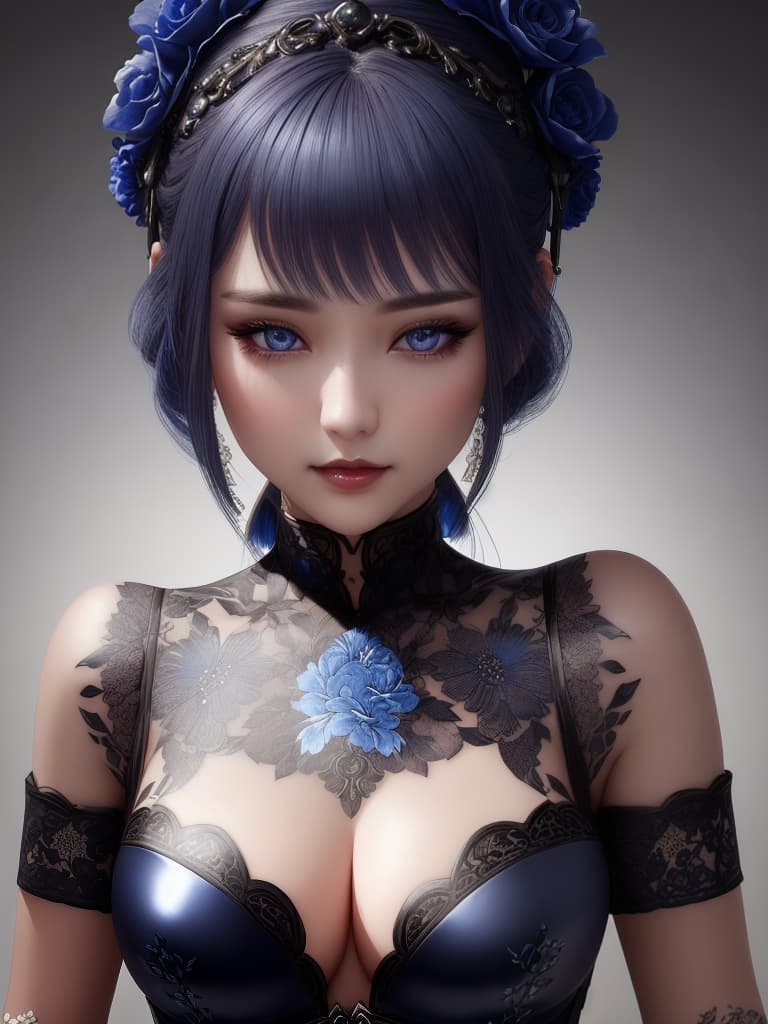  Close-up porcelain female figurine, looking to the camera, glossy surface, glaze, shiny, blue floral tattoos on her, dark gradient background, baroque dark style, hyperrealistic, CG society, intricate details