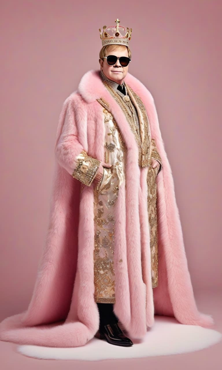  concept art color pink, white, black, gold elton john in full height in a fur coat and crown, he wears many swarovski crystals . digital artwork, illustrative, painterly, matte painting, highly detailed, perfect hands