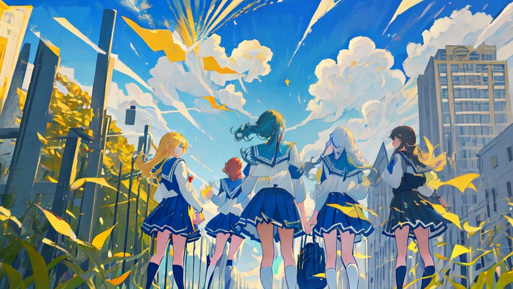  five college students wearing bachelor's uniforms stood in a row at the school gate with blue sky and white clouds in the style of paper-cut paintings.
