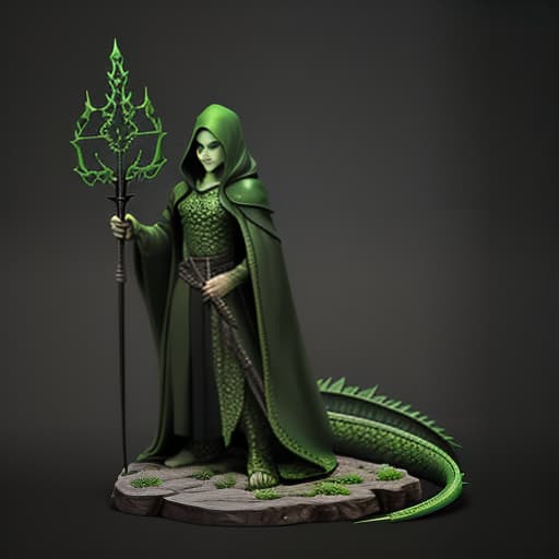  full length dragon born with green scales in a black robe with a trident in hand