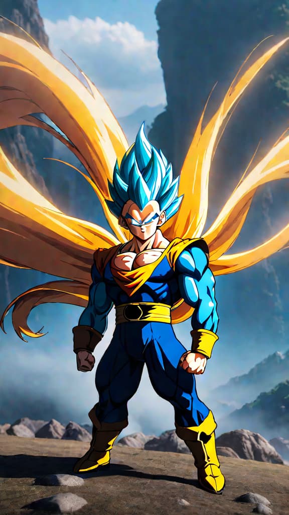  an anime image depicting vegeta's ultra ego challenging goku's serene mastery in dragon ball z. hyperrealistic, full body, detailed clothing, highly detailed, cinematic lighting, stunningly beautiful, intricate, sharp focus, f/1. 8, 85mm, (centered image composition), (professionally color graded), ((bright soft diffused light)), volumetric fog, trending on instagram, trending on tumblr, HDR 4K, 8K