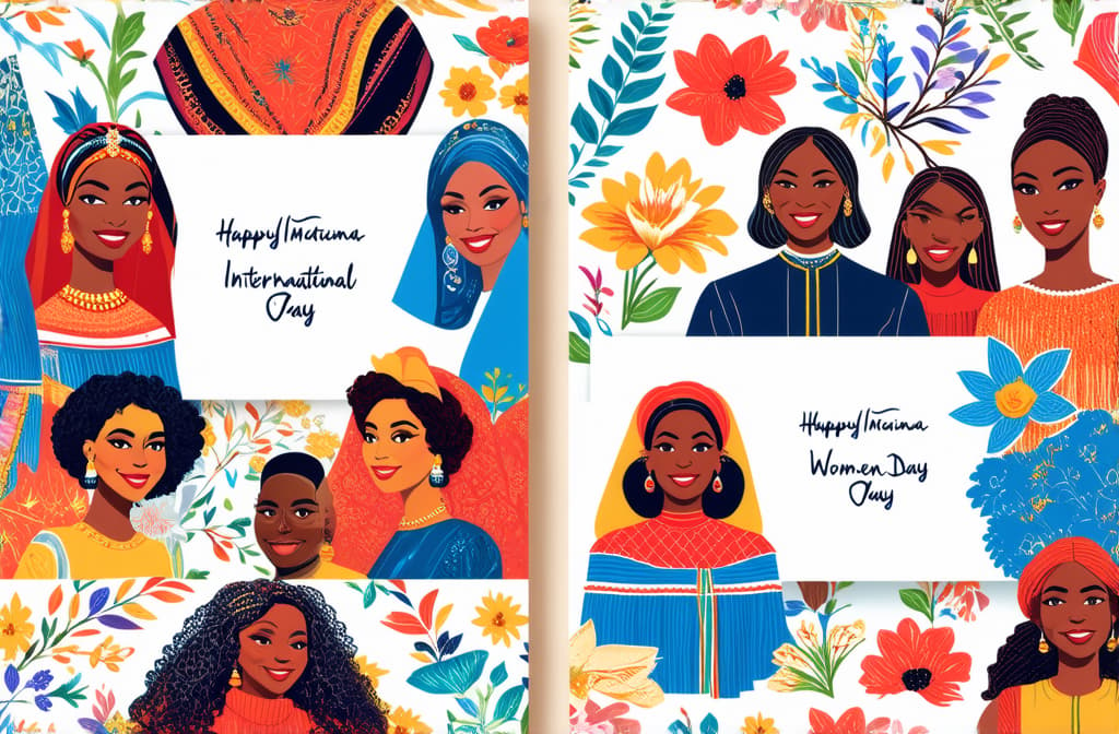  happy international women's day. march 8th. different races and nationalities. colored hand drawn vector illustrations. set of cards and seamless pattern ar 3:2 {prompt}, maximum details