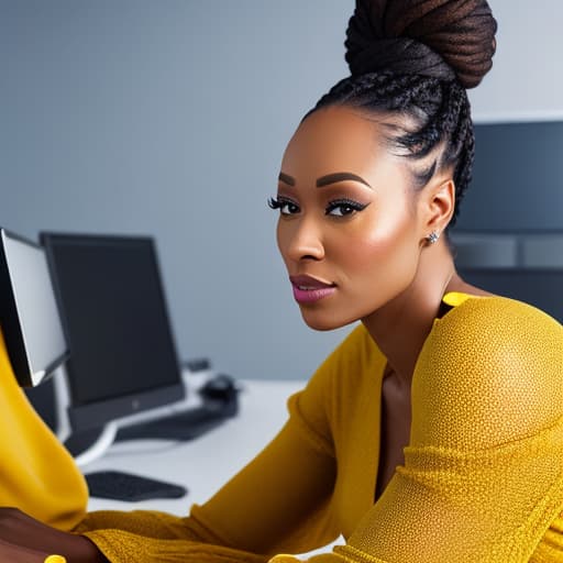  (African American woman, hair in locs in an updo style, woman sitting at a computer desk in a luxury office, woman is wearing a beautiful while and yellow dress), photorealistic, highly detailed, 4k, high quality hyperrealistic, full body, detailed clothing, highly detailed, cinematic lighting, stunningly beautiful, intricate, sharp focus, f/1. 8, 85mm, (centered image composition), (professionally color graded), ((bright soft diffused light)), volumetric fog, trending on instagram, trending on tumblr, HDR 4K, 8K