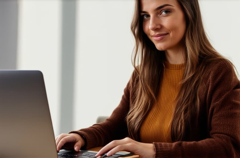  girl working on laptop, office style ar 3:2, (natural skin texture), highly detailed face, depth of field, hyperrealism, soft light, muted colors