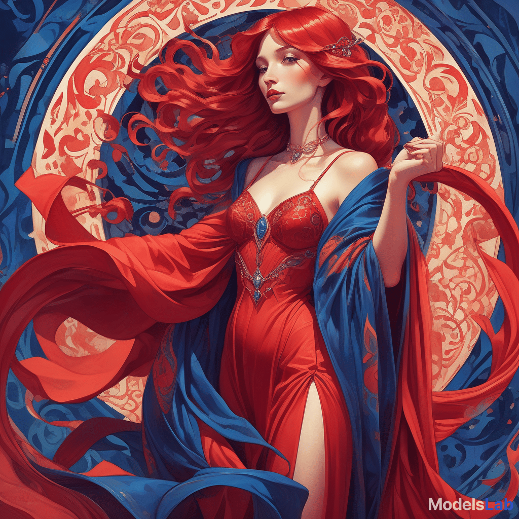  mage crimson (painting of a well endowed woman in a striking red dress), vibrant, flowing red hair, red cape draping elegantly, (deep blue psychedelic background), surreal forms and patterns intertwining, created in the style of alphonse mucha, rich color saturation, ethereal and dreamlike atmosphere, (intricate textures), visually captivating, 4k quality, poster art aesthetic.