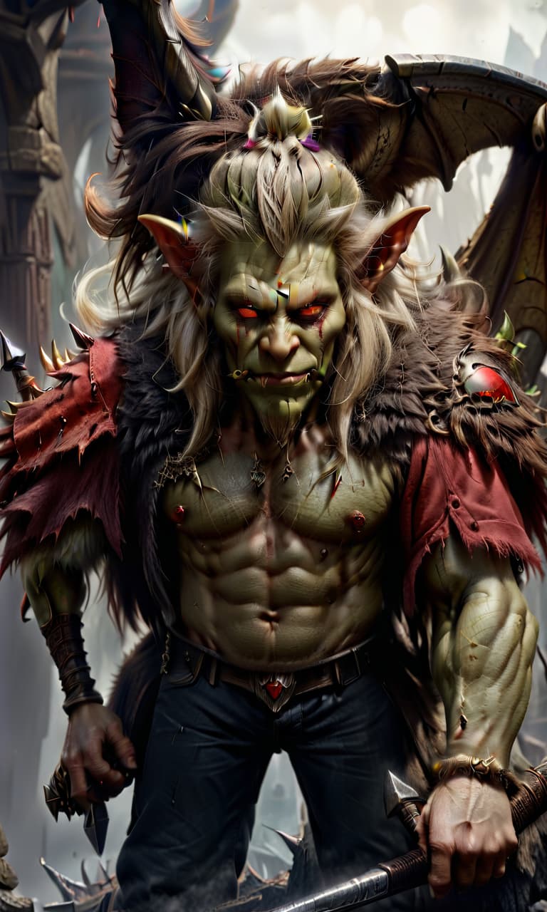  hyperrealistic art an evil goblin king, a crown on his head, with a small beard, red eyes, an evil grin on his face, a mantle with a fluffy collar, a large axe on his shoulder, a sporty physique. . extremely high resolution details, photographic, realism pushed to extreme, fine texture, incredibly lifelike, perfecteyes, hkmagic, civitai