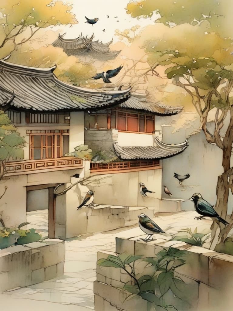  as the sun rose, the birds began to scream in the branches. the camera was switched from the window to the courtyard, the trees were onions, and several birds were jumping in the branches. all the ancient chinese gardens in the courtyard seemed to be awakening, with fresh air in the air。