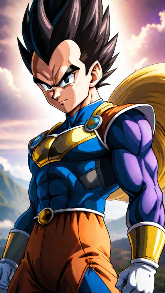  an anime art of vegeta from dragon ball, groomed by beerus for god of destruction. hyperrealistic, full body, detailed clothing, highly detailed, cinematic lighting, stunningly beautiful, intricate, sharp focus, f/1. 8, 85mm, (centered image composition), (professionally color graded), ((bright soft diffused light)), volumetric fog, trending on instagram, trending on tumblr, HDR 4K, 8K