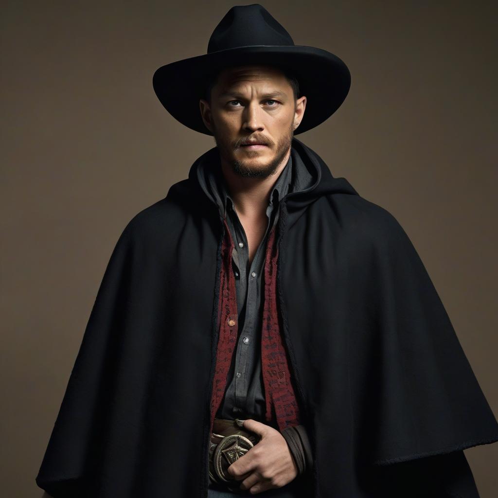  cowboy, tom hardy, full height, in a black poncho, in a hat