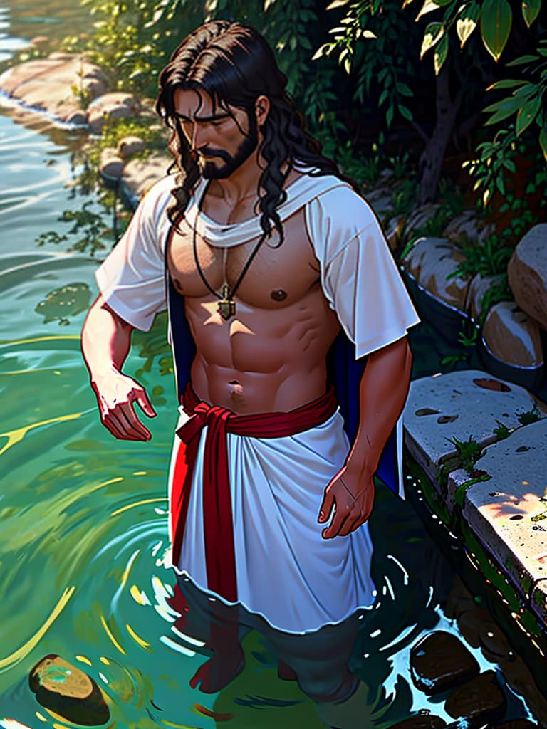  John the Baptist facing Jesus, standing in the the river Jordan . Close up view.