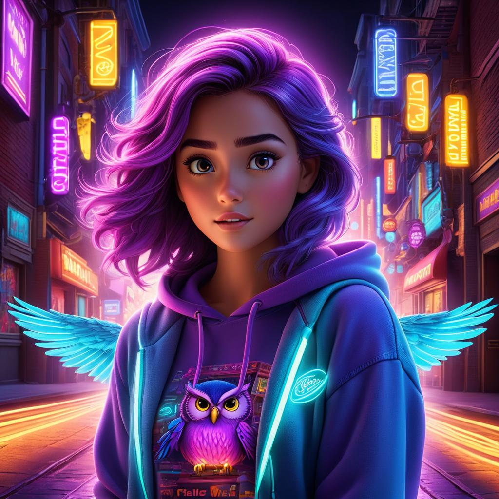  in 3d animated movie style. disney pixar style. for stable diffusion ai image generation: "alisha, old, curious, determined, creative, comfy purple hoodie, jeans, sneakers, colorful hair clips, guided by pixel, a digital owl, wise, witty, , pixelated feathers, changing neon colors, neon gles. pixel's neon feathers shimmer in digital glow, leading alisha through vint digital realm. high resolution, pixar 3d film style, detailed rendering, lifelike textures. mainly bright, changing colors for pixel's feathers, neon glow in the digital world, soft, warm magical lights. bird's eye view, pixel leading alisha through neon pathways with hidden codes, mysterious, adventurous journey. 16:9 aspect ratio."