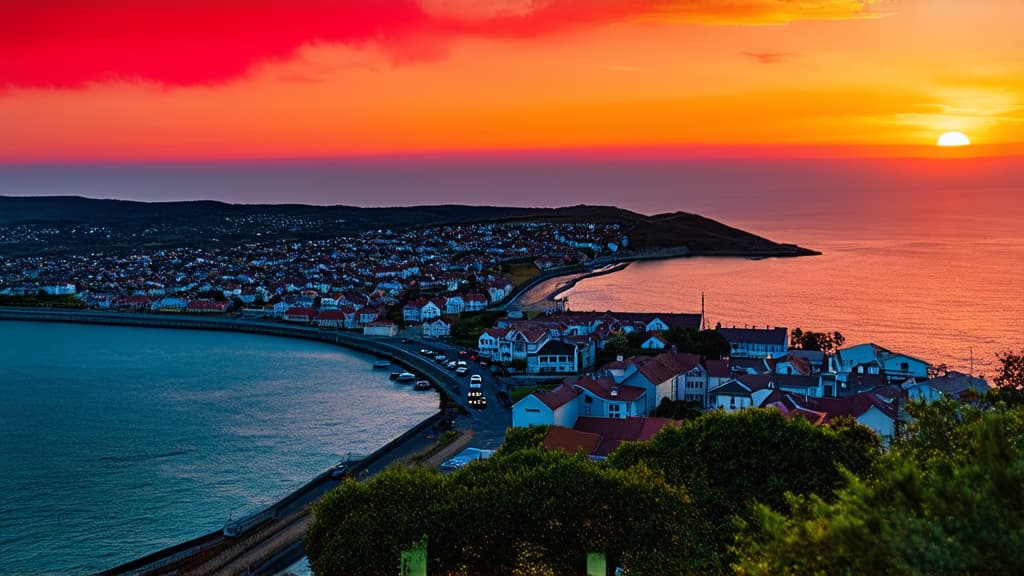  beautiful crimson sunset over a small town by the ocean, photo, ultra wide shot, avangard, heavenly, amazing wallpaper, cover shot, colorful picture, gorgeous, professional photography ar 16:9 {prompt}, maximum details