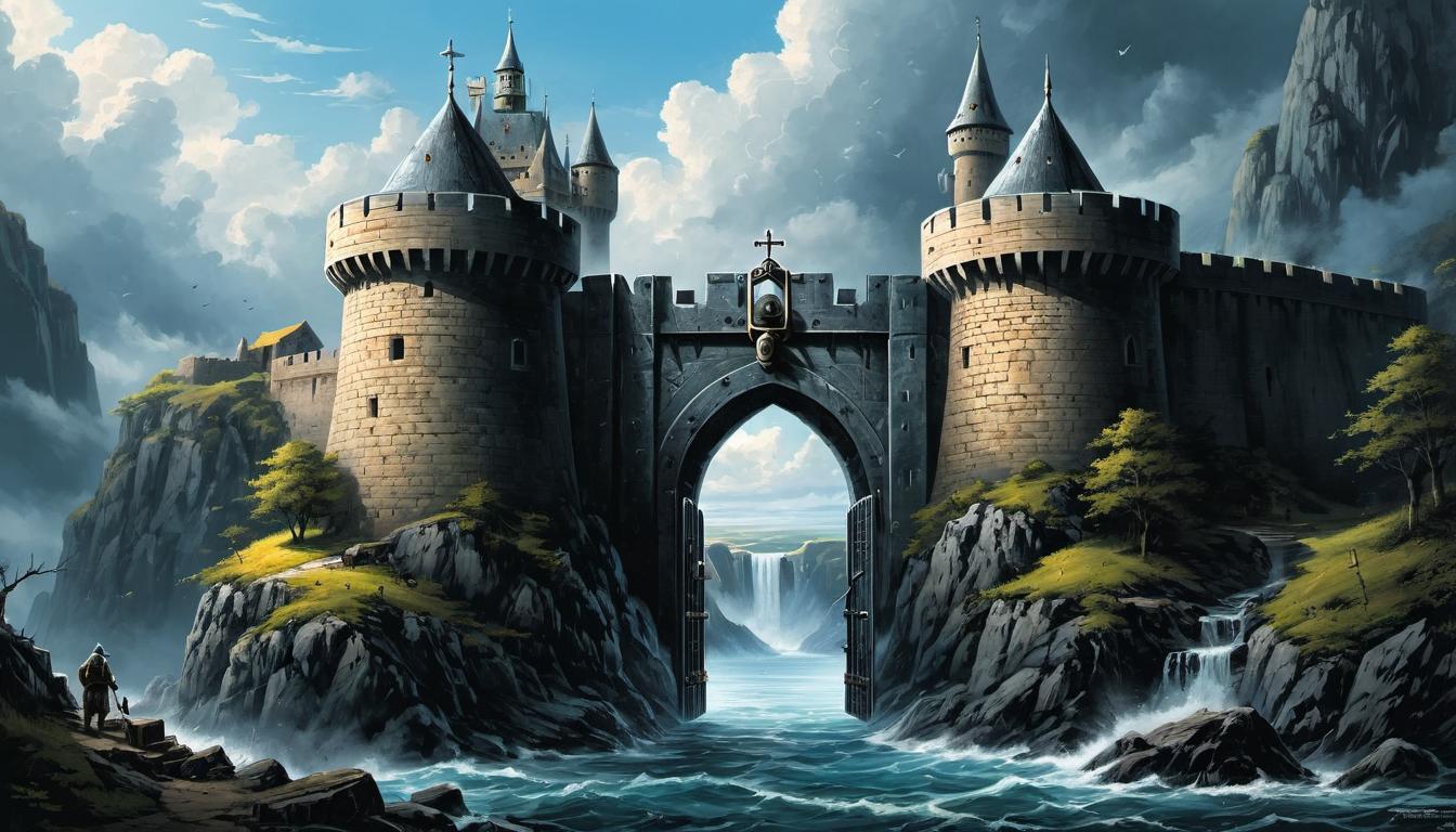  （surrealism)a fortress with a locked door, various tools and hands attempting to open it, lock remains firm, impenetrability, protection mystic, intricate details, best quality)