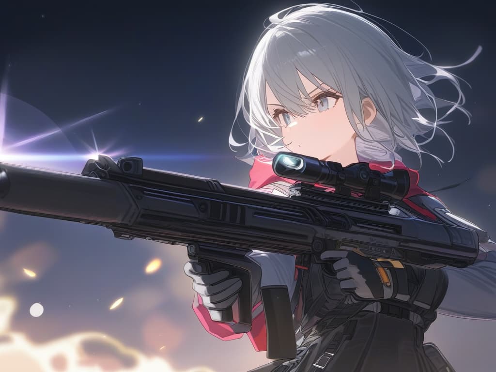  one girl, (masket (gun): 2.0), gray hair, bob cut, sacred magic, clean air, purification light, gun, (light bullet: 2.0)