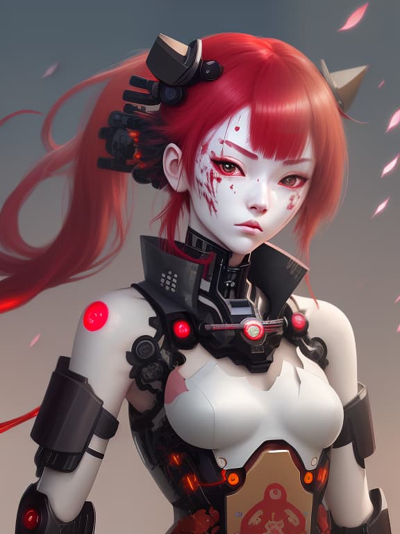  a cyborg samurai girl with sakurai petals sticking out of her head. pale skin, scarlet hair, black eyes, mechanical body, cracks on her face, lots of electronic wires, traditional samurai clothes. full length reference