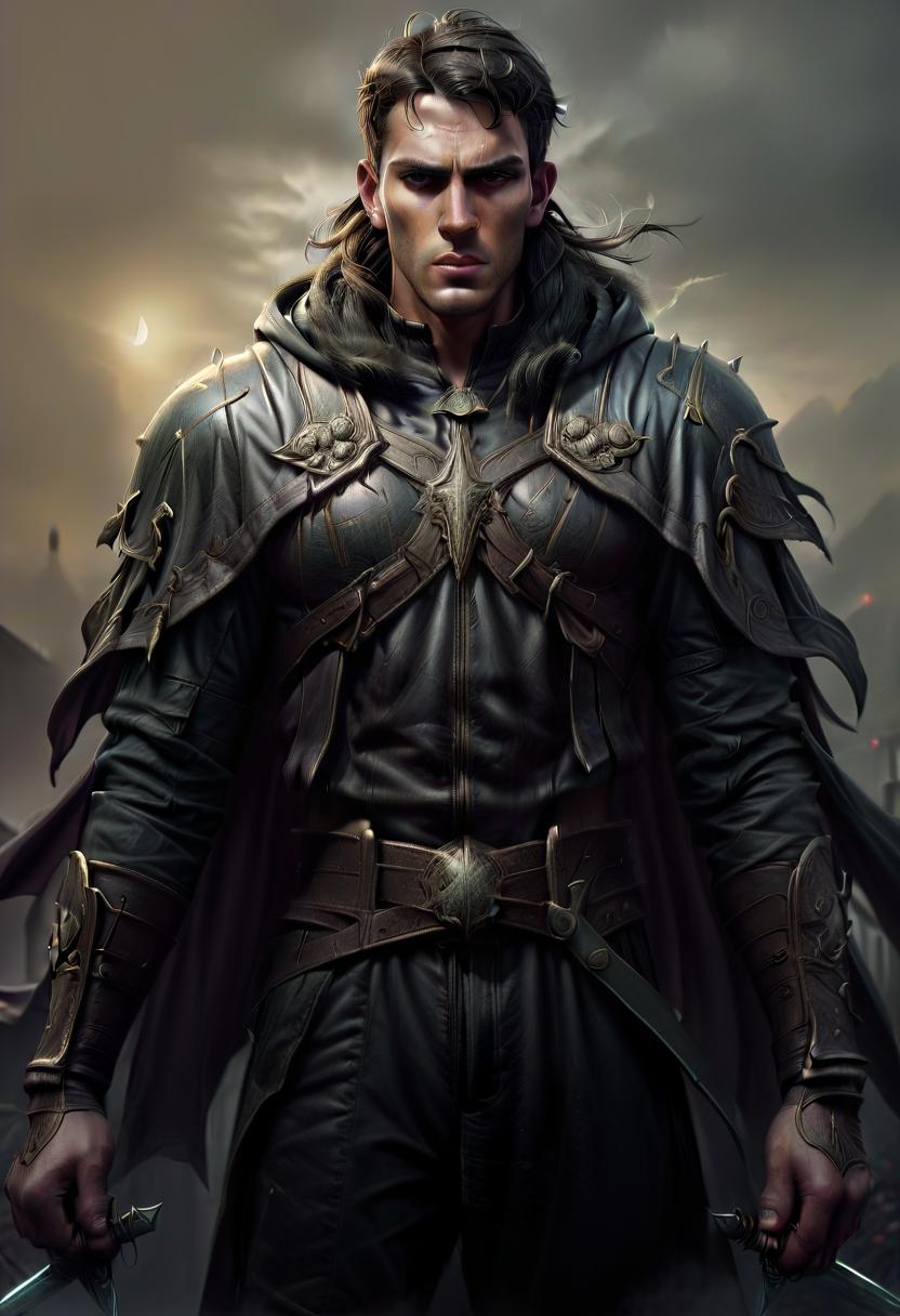  ethereal fantasy concept art of human brutal male warlock, roman gladiator face, simble plain black leather jacket, grey hooded cape, two swords, dark town background . magnificent, celestial, ethereal, painterly, epic, majestic, magical, fantasy art, cover art, dreamy, civitai