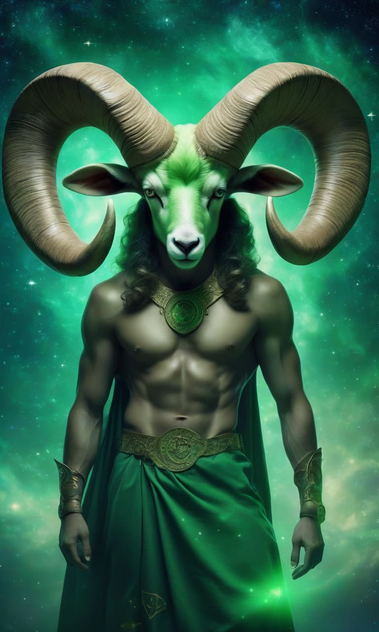  beautiful man with ram horns on his head, looks straight, against the background of stars and zodiac signs, around a green aura, close up, 4k, realistically