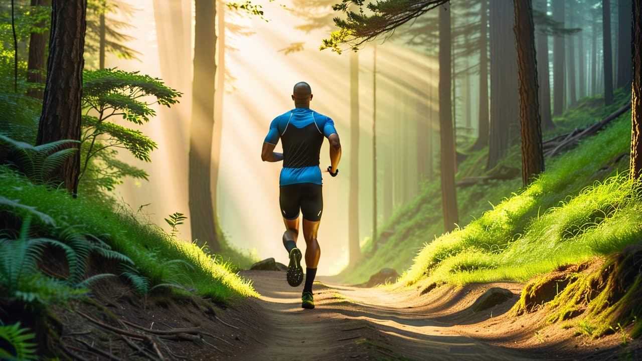  a split scene depicting a runner on a sunlit trail surrounded by lush greenery, contrasted with a mountain biker navigating a rugged path with rocky terrain and towering peaks, both showcasing dynamic movement and energy. hyperrealistic, full body, detailed clothing, highly detailed, cinematic lighting, stunningly beautiful, intricate, sharp focus, f/1. 8, 85mm, (centered image composition), (professionally color graded), ((bright soft diffused light)), volumetric fog, trending on instagram, trending on tumblr, HDR 4K, 8K