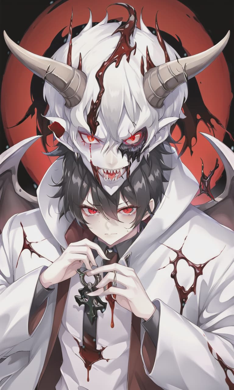  anime artwork man demon, white skin, blood red eyes, black hair, white horns, black clothes . anime style, key visual, vibrant, studio anime, highly detailed