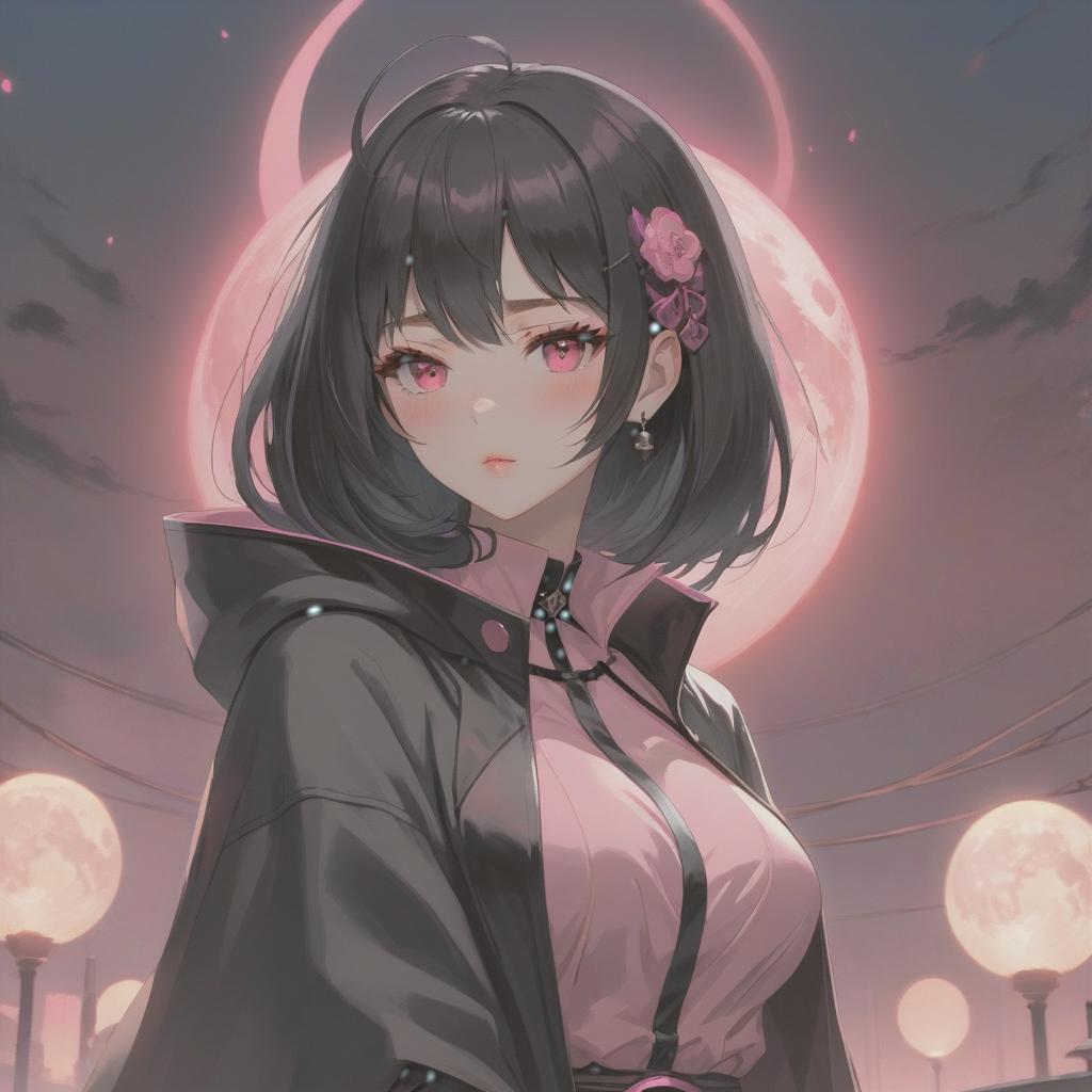  a close up of a person with a pink light in the background, artwork in the style of guweiz, old anime goth girl, dark light night like eyes, ulzzang, streaming, huge black circle, full red moon, mistress, breathtaking render, black bob haircut, circle, epically luminous image,realism hyperrealistic, full body, detailed clothing, highly detailed, cinematic lighting, stunningly beautiful, intricate, sharp focus, f/1. 8, 85mm, (centered image composition), (professionally color graded), ((bright soft diffused light)), volumetric fog, trending on instagram, trending on tumblr, HDR 4K, 8K