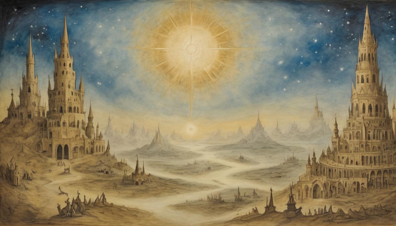  on parchment, surrealism++, kingdoms of light extending beyond the horizon, borders dissolving into the star lit sky, expansive, transcendent(mysterious, provocative, symbolic)++