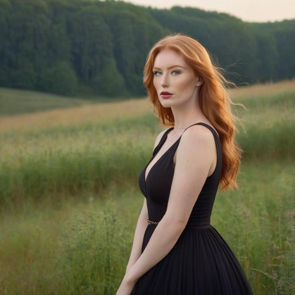  cinematic photo a redheaded with a beautiful face in a black dress in a field with a beautiful eye and a of 3 sizes looking towards the side . 35mm photograph, film, bokeh, professional, 4k, highly detailed, film photography style hyperrealistic, full body, detailed clothing, highly detailed, cinematic lighting, stunningly beautiful, intricate, sharp focus, f/1. 8, 85mm, (centered image composition), (professionally color graded), ((bright soft diffused light)), volumetric fog, trending on instagram, trending on tumblr, HDR 4K, 8K