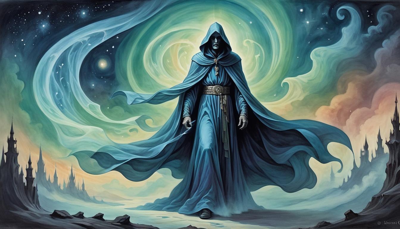  on parchment, surrealism+++, an ethereal figure cloaked in flowing garments, translucent aura, night sky illuminated by spectral aurora, figure's energy swirling, uncontainable, haunting, mysterious(mysterious, provocative, symbolic,muted color)+++