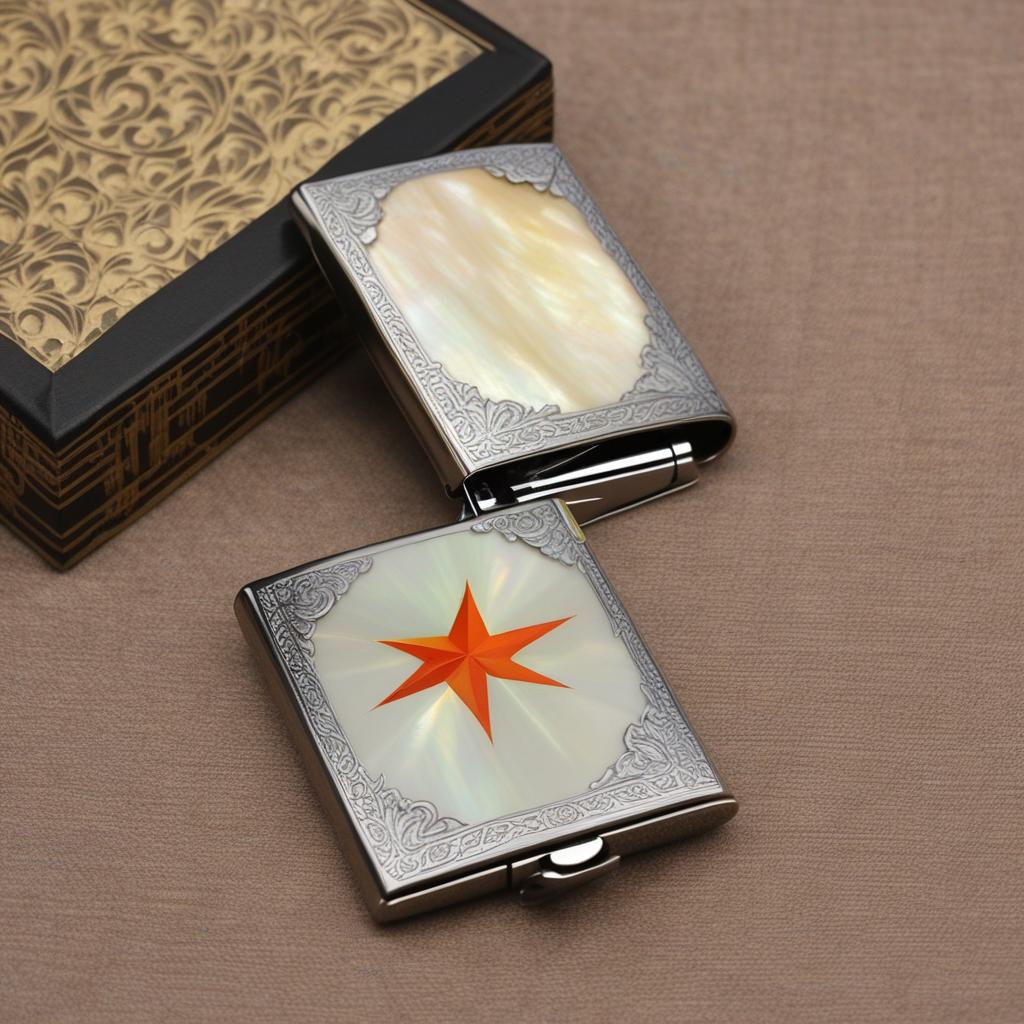  masterpiece, best quality,Draw a Zippo kerosene lighter metal shell decorated with mother-of-pearl craft and place the lighter on a table