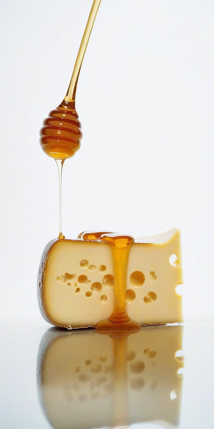  cinematic photo cheese watered with honey, a beautiful reflection from honey and cheese, a light background . 35mm photograph, film, bokeh, professional, 4k, highly detailed, film photography style