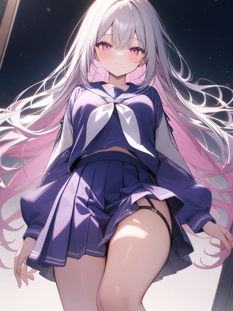  girls, white hair, pink, pink gradation hair color, cute face, straight hair, purple sailor suit, pleated skirt, pink eyes, masterpiece, best quality,8k,ultra detailed,high resolution,an extremely delicate and beautiful,hyper detail