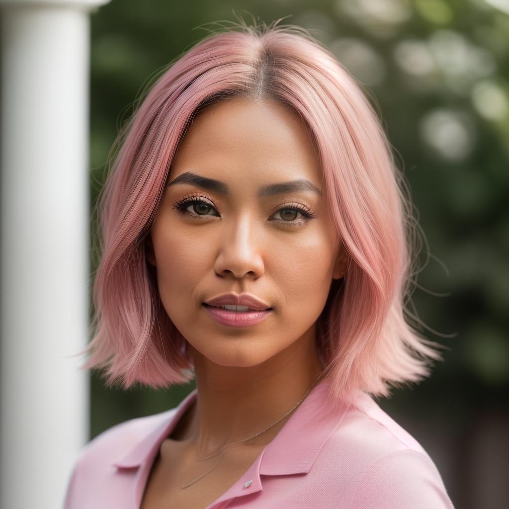  (((realistic full torso frontal head shot of a light tan skin tone woman))), kaede nana abe, ((japanese heritage)), immature face, hazel eye color, ((bob hair style)), ((pink hair color)), ((skinny body type)), medium size, athletic size, (immature small straight nose), (immature defined cheekbones), (immature soft jawline), (immature full lips), (immature low forehead), (immature arched eyebrows), (immature smooth chin), standing straight looking directly into the camera,((wearing fitted polo shirt with deep v neck and monogrammed pocket)), backyard in background, 1girl, best quality, highest quality, award winning photo, masterpiece, raw, professional photography, photorealism, sharp focus, cinematic, high resolution, sha hyperrealistic, full body, detailed clothing, highly detailed, cinematic lighting, stunningly beautiful, intricate, sharp focus, f/1. 8, 85mm, (centered image composition), (professionally color graded), ((bright soft diffused light)), volumetric fog, trending on instagram, trending on tumblr, HDR 4K, 8K