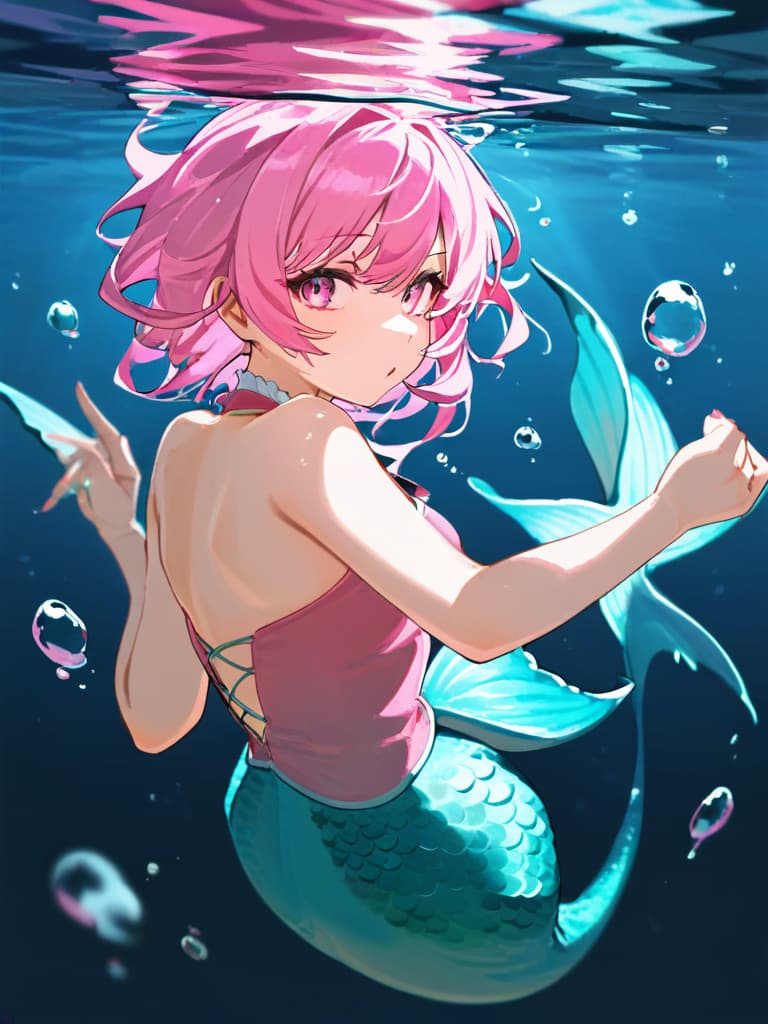  masterpiece(underwater:2.0)(underwater with light:1.7)(🫧🫧bubbles:1.5)(one person)(mermaid:2.0)(beautiful girl human:2.0)(nice body)(salmon pink hair color:1.7)(pink and greensparkling,shapely long fins:1.7) high quality,16k,super analysis