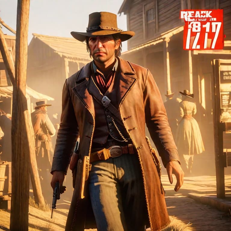  red dead redemption iii game poster hyperrealistic, full body, detailed clothing, highly detailed, cinematic lighting, stunningly beautiful, intricate, sharp focus, f/1. 8, 85mm, (centered image composition), (professionally color graded), ((bright soft diffused light)), volumetric fog, trending on instagram, trending on tumblr, HDR 4K, 8K