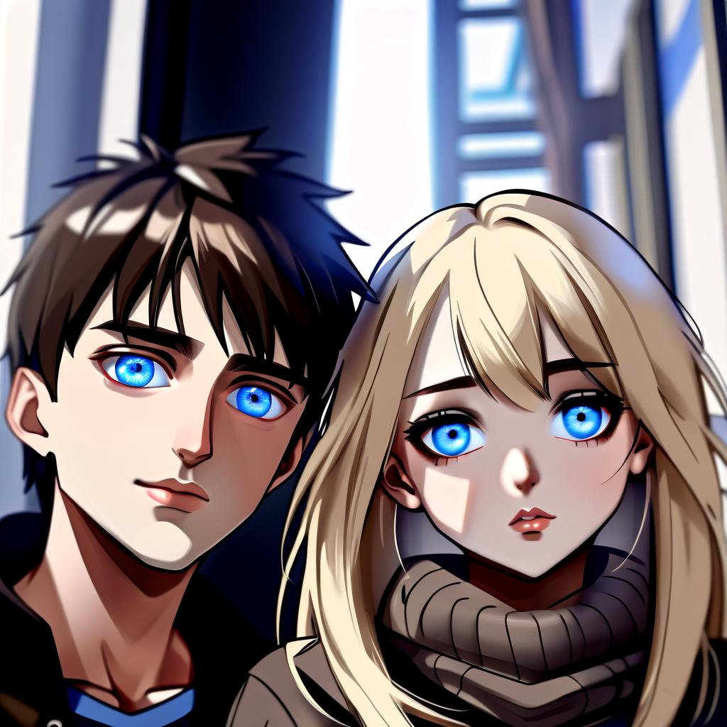  girl blonde with blue eyes and guy brunette with brown eyes next