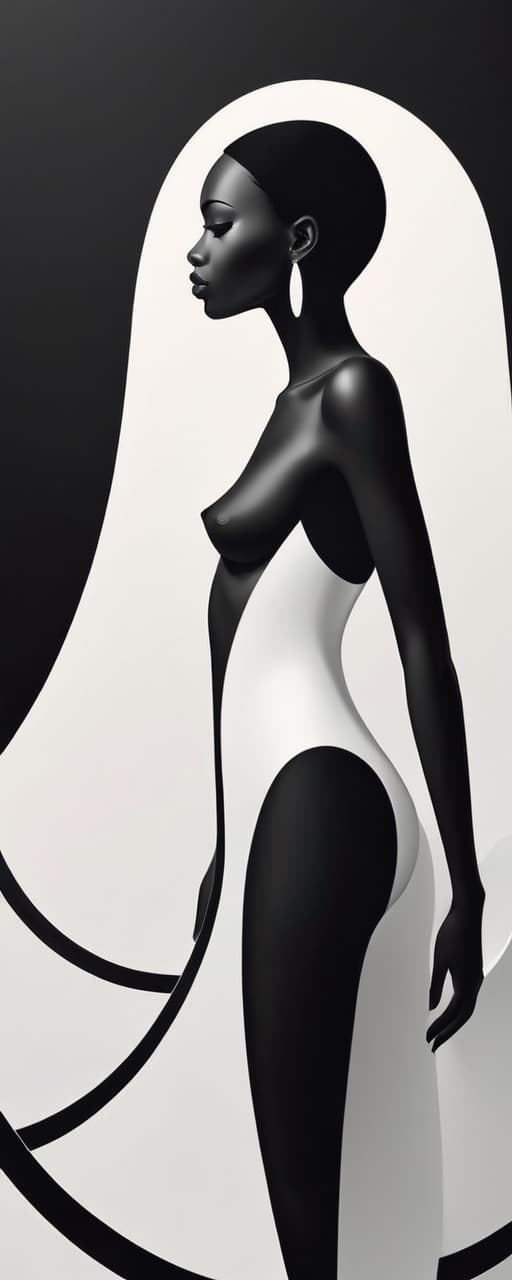  minimalism, an image depicting the desire of wanting to be as beautiful as the ocean. a beautiful black woman is the figure., abstract, simple geometic shapes, hard edges, sleek contours, minimalism