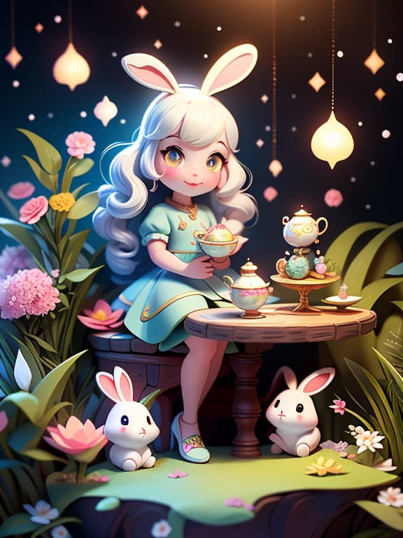  master piece, best quality, ultra detailed, highres, 4k.8k, alice, exploring the magical garden with curious eyes, inquisitive and adventurous, break curious and whimsical journey, enchanted garden, tea set, playing cards, white rabbit, and oversized flowers, break dreamy and surreal, soft glow and vibrant colors,