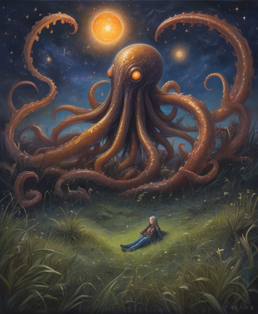  lovecraftian horror amber lies in the grass, an endless wasteland. starry sky . eldritch, cosmic horror, unknown, mysterious, surreal, highly detailed, hkmagic, oil painting