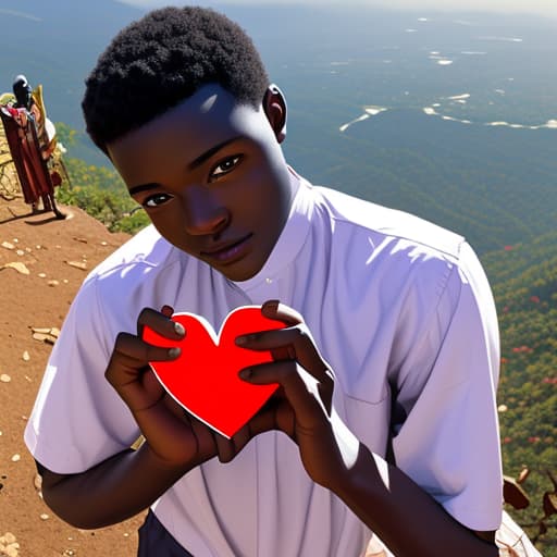  Ghanaian boy holding a heart in his hands on a mountain