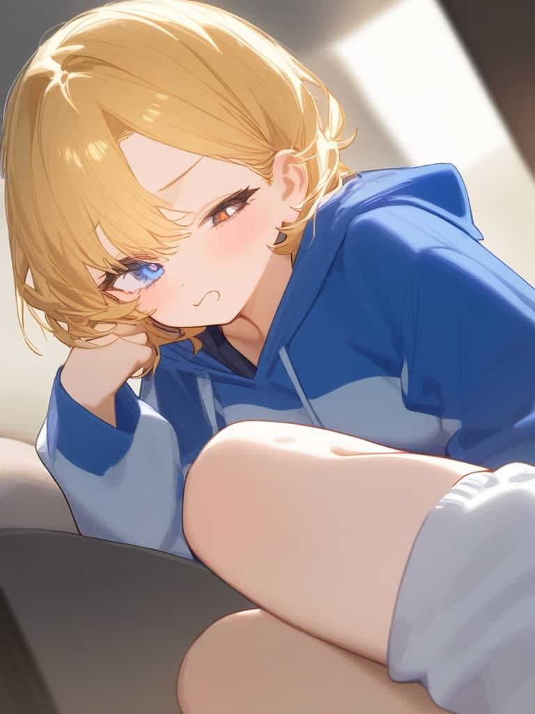  one girl, blond blue eyes, short hair, loose socks, shorts, hooded hoodies, one eye hidden with bangs, drooping, lazy expression